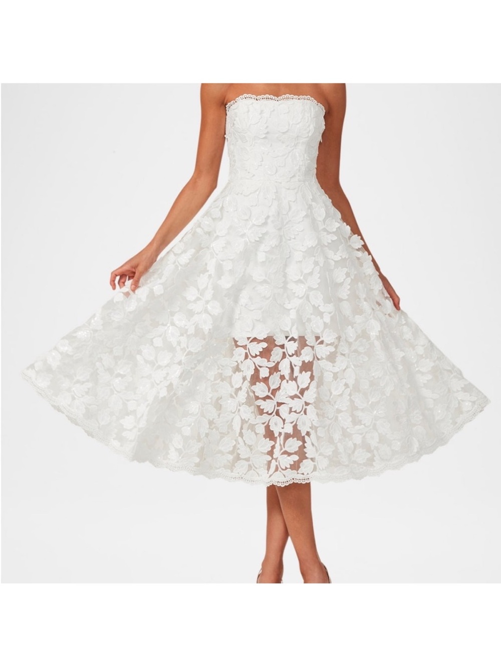 Anthropologie White Strapless Floral Lace Midi Dress